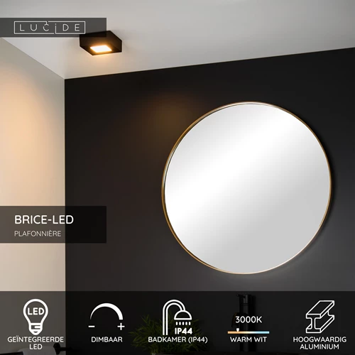 Lucide BRICE-LED - Plafonnière Badkamer - LED Dimb. - 1x8W 3000K - IP44 - Zwart - USP